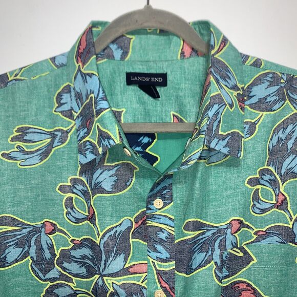 Lands End Shirt Mens XXL Hawaiian Floral Short Sleeve Button Down Beach Cotton - Picture 2 of 7